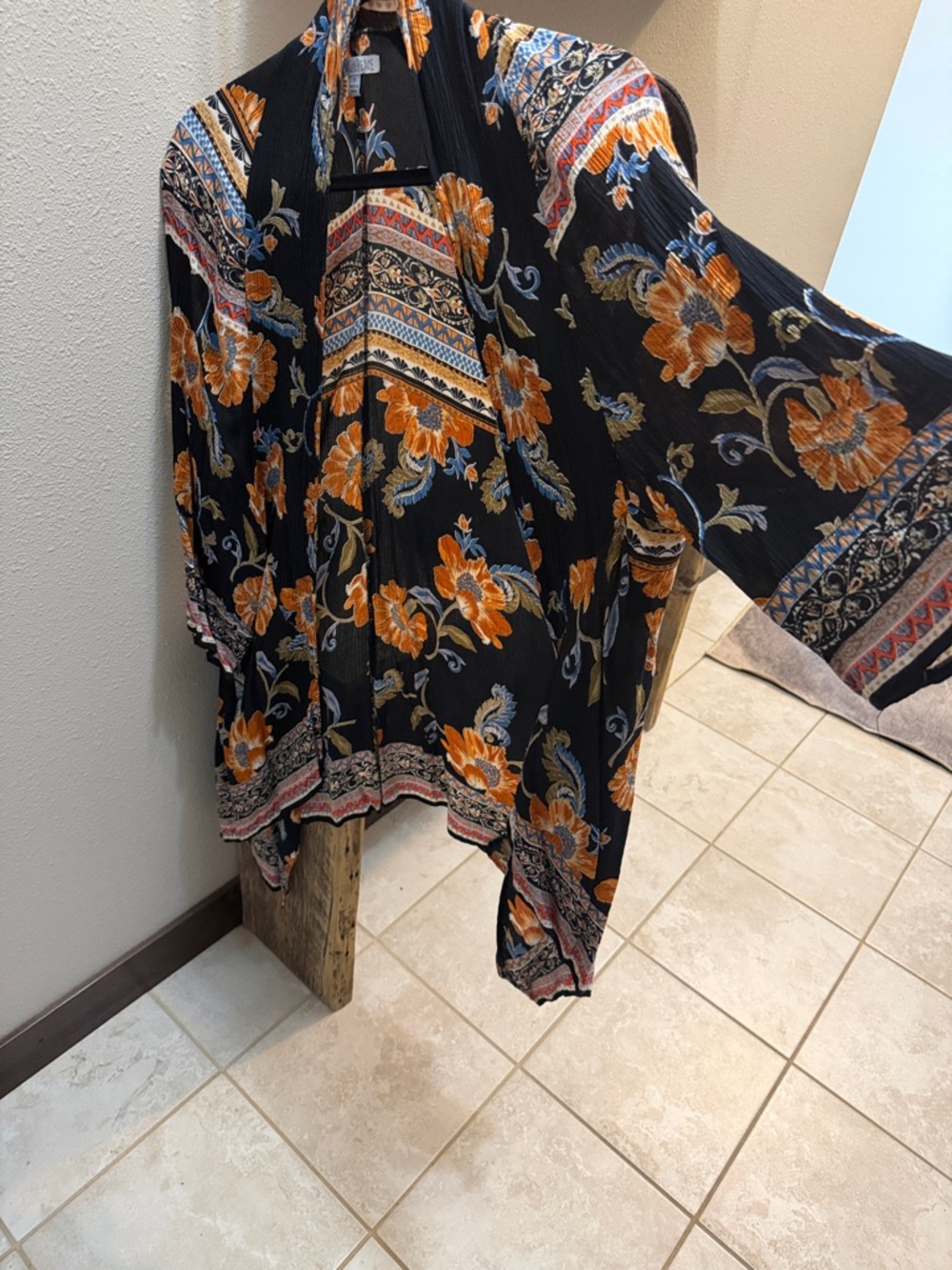 Black Floral Kimono Cover-Up with Orange Blooms
